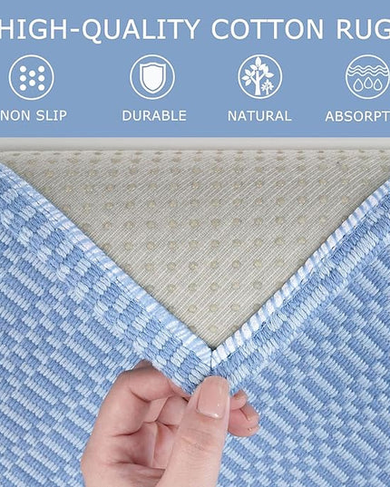 KOZYFLY Washable Entryway Rug 3x5 Ft Area Rugs Cotton Rubber Backed Throw Rugs Indoor Door Mat Kitchen Rugs Braided Floor Carpet for Front Entrance Bathroom Kitchen Living Room, Blue
