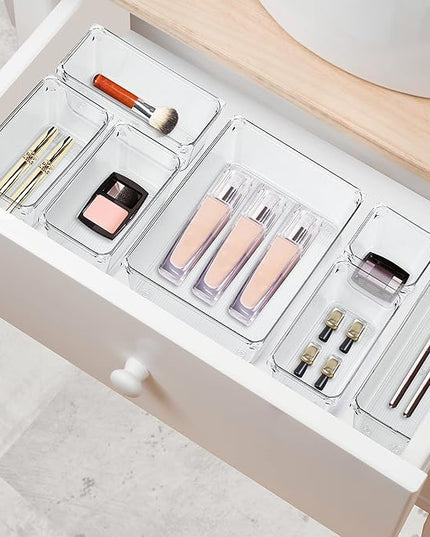 Ravinte 6 Pack Drawer Organizer - 3" X 3" Plastic Storage Bins, Acrylic Organizers with Non-Slip Pads Clear Desk Storage Tray for Makeup, Jewelries, Kitchen Utensils, Bathroom and Office
