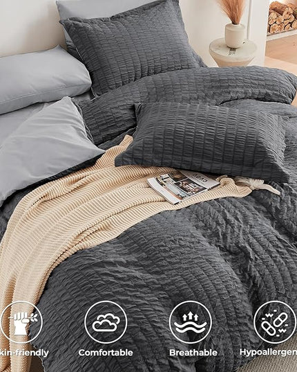 HYMOKEGE Dark Grey/Light Grey Twin XL Comforter Set Seersucker 5 Pieces, All Season Luxury Bed in a Bag for Bedroom, Bedding Set with Comforter, Sheets, Pillowcase & Sham
