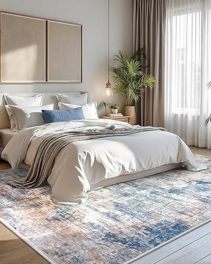 IOHOUZE Abstract Area Rugs 8x10 Ft Washable Large Rugs for Living Room, Non Slip Dining Room Rug, Printed Faux Wool Rugs for Bedroom, Floor Carpet for Office Nursery Playroom, Blue Rust