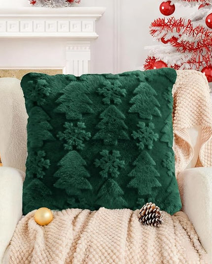 Touchat Christmas Pillow Covers 18x18, Soft Faux Rabbit Fur Throw Pillow Covers with 3D Embroidery Christmas Tree and Snowflake Design for Winter Holiday Home Decor, Couch Sofa Bedroom, Green