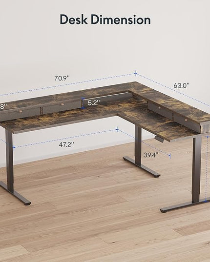 FLEXISPOT 71'' L Shaped Standing Desk Electric Corner Table with Shelf, 4 Storage Drawers, Adjustable Computer Workstation for Home, Office, Game, Studio, Rustic Brown Top + Black Frame