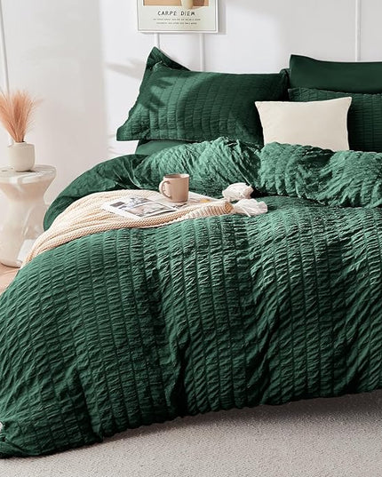 HYMOKEGE Emerald Green Queen Comforter Set Seersucker 7 Pieces, All Season Luxury Bed in a Bag Queen for Bedroom, Bedding Set with Comforter, Sheets, Pillowcases & Shams