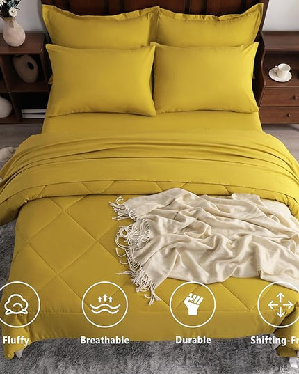 NTBAY King Comforter Set with Sheets, 7 Pieces Soft and Breathable King Bedding Set, Bed in a Bag, Down Alternative Comforter Set Solid Color All Season, King Bedding Set, Yellow