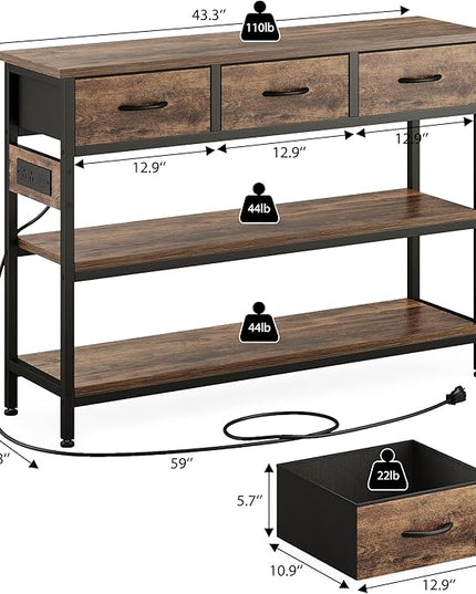 Lulive Entryway Table with Power Outlets, Console Table with 3 Fabric Drawers, Sofa Table for Living Room, Hallway, Couch, Foyer, Height Adjustable (Rustic Brown, 43")