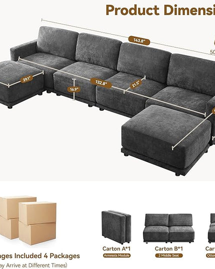 143.8" Modular Sectional Sofa Modern Chenille U Shaped Couch with Thickened Seat Cushions, Easy Assembly, Upholstered 6 Seater Couch with 2 Movable Ottomans for Living Room, Grey