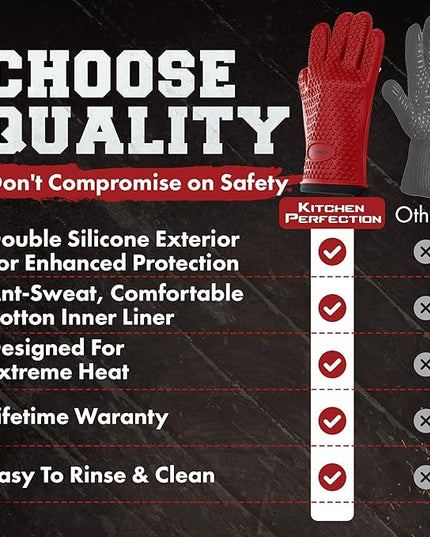 KITCHEN PERFECTION Silicone Smoker Oven Gloves - Extreme Heat Resistant BBQ Gloves - Handle Hot Food Right on Your Smoker Grill Fryer Pit | Waterproof Oven Mitts | Superior Value Set + 3 Bonuses