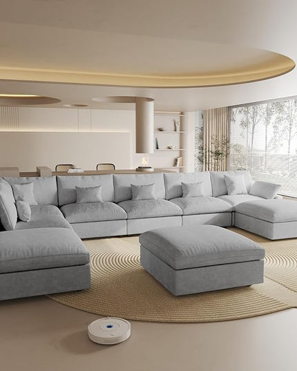 Cloud Couch for LivingRoom,190" U Shaped Modular Sectional Couch with Storage Ottoman,Down Filled 9 Seater Convertible Sleeper Sofa Bed Oversized Furniture,Grey