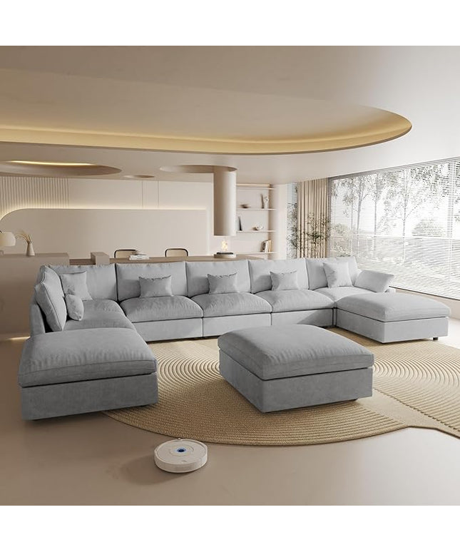 Cloud Couch for LivingRoom,190" U Shaped Modular Sectional Couch with Storage Ottoman,Down Filled 9 Seater Convertible Sleeper Sofa Bed Oversized Furniture,Grey