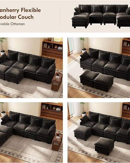 Ihanherry 106" U-Shaped Modern Sofa Modular Sectional Cloud Couch 6-Seat Chenille Seat Sofa with Ottoman for Living Room, Bedroom and Apartment, Black