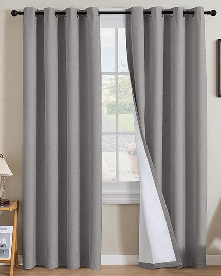 H.VERSAILTEX Linen Curtains 100% Blackout Curtains for Bedroom 84 inch Long Full Light Blocking Nature Linen Blended Window Curtains for Living Room Nickel Grommet (2 Panels, Heathered Dove)