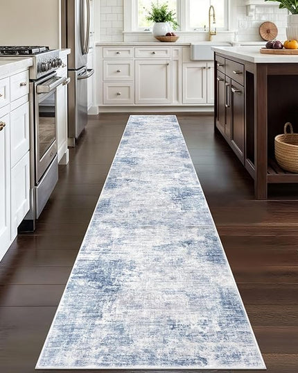 IOHOUZE Abstract Runner Rug 2x12 Ft Washable Runners for Hallways, Non Slip Kitchen Runner Printed Faux Wool Entryway Runner Indoor, Modern Abstract Floor Carpet for Hall Kitchen, Light Blue White