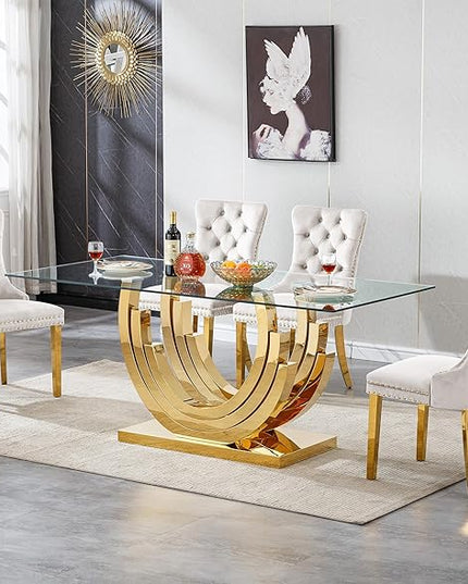 Henf 5-Piece Glass Dining Table Set with 4 Upholstered Dining Chairs,Large Glass Dining Room Table Set for 4, Modern Kitchen Table Furniture for Dining Room, Gold Dining Table and Chair Set for 4