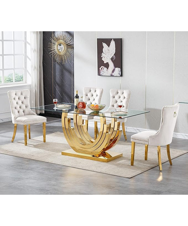 Henf 5-Piece Glass Dining Table Set with 4 Upholstered Dining Chairs,Large Glass Dining Room Table Set for 4, Modern Kitchen Table Furniture for Dining Room, Gold Dining Table and Chair Set for 4