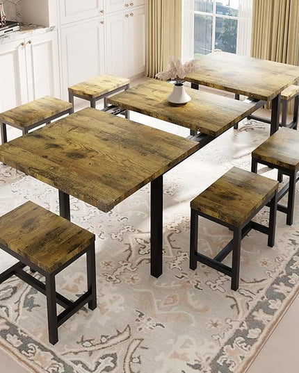 Feonase 7-Piece Dining Table Set with 6 Stools, 63 Inch Extendable Kitchen Table for 4-8, Kitchen Room Set with MDF Board & Metal Frame, Farmhouse Table, Space-Saving, Rustic Brown