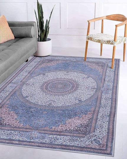 GLN Rugs Traditional Collection - Machine Washable Area Rug, Traditional Washable, Non Slip, Low Pile Chenille Rug, Living Room, Bedroom, Kitchen Rug (2'x3' Navy/Off White)