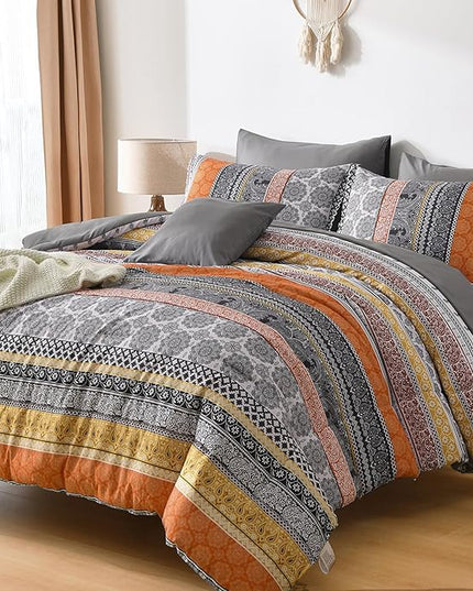 Cottolester Boho Comforter Set Queen Size,8 Pieces Orange Bohemian Striped Bed in a Bag,Paisley Soft Microfiber Bedding Comforter Set