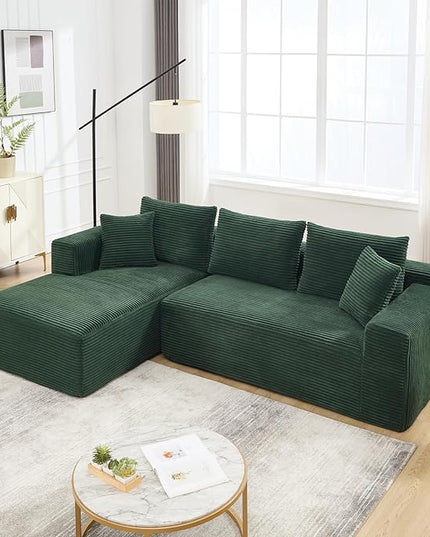 PELUMY 108.7" L-Shaped Modular Sectional Sofa with Oversized Chaise, Cloud Couch with Memory Foam, No Assembly Required Sleeper Sofa for Small Space Living Room, Apartment (Green, Corduroy)