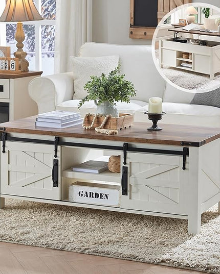 OKD 48" Farmhouse Lift Top Coffee Table with Sliding Barn Door,Rustic Center Table with Hidden Storage Compartment,Lifting Tabletop and Adjustable Shelf for Living Room,Office,Antique White