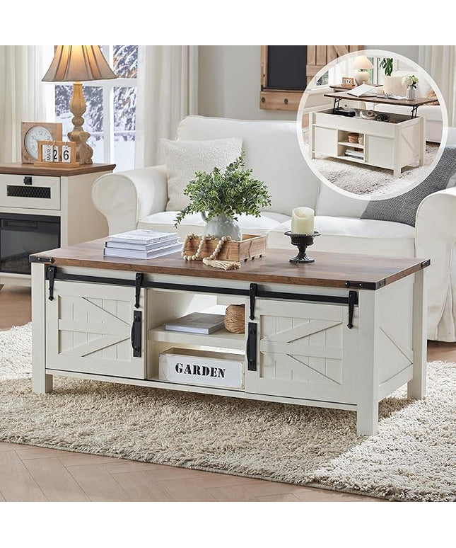 OKD 48" Farmhouse Lift Top Coffee Table with Sliding Barn Door,Rustic Center Table with Hidden Storage Compartment,Lifting Tabletop and Adjustable Shelf for Living Room,Office,Antique White