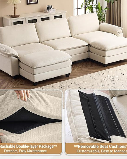 VINGLI 121" Cloud Couch, Comfy Modular Sectional Sofa Set for Living Room,Modern Linen 3-Seat Convertible Loveseat Sofa with 2 Ottoman for Small Space.（Beige）
