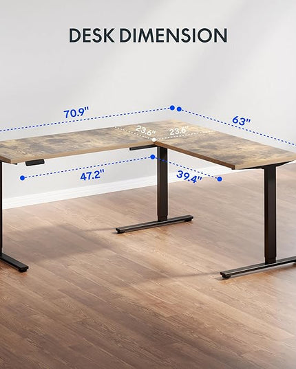 FLEXISPOT L Shaped Standing Desk, 71 x 63 Inch Electric Height Adjustable Corner Desk, Sit Stand Computer Workstation, Preset Controller, Home Office, Black Frame with Rustic Brown Top