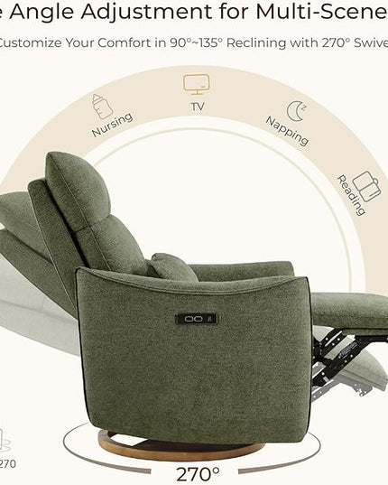 CHITA Swivel Rocker Recliner Chair, Power Nursery Glider Recliner, Nursery Rocking Chair with Adjustable Power Headrest, FSC Certified, Solid Wood Base, Moss Green
