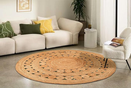 Hand Woven Jute Area Rug - 7' Round - Rustic Beige Reversible Farmhouse Rugs for Bedroom, Kitchen, Living Room - Vintage Natural Braided Entry Floor Décor Circle Boho Round Rugs 7ft