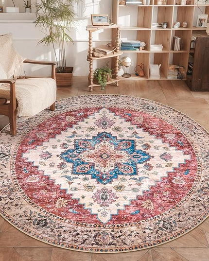 Ciicool Boho 5x5ft Round Area Rug Washable Bedroom Rug Non-Slip Oriental Entryway Throw Rug Low-Pile Indoor Carpet for Dining Room