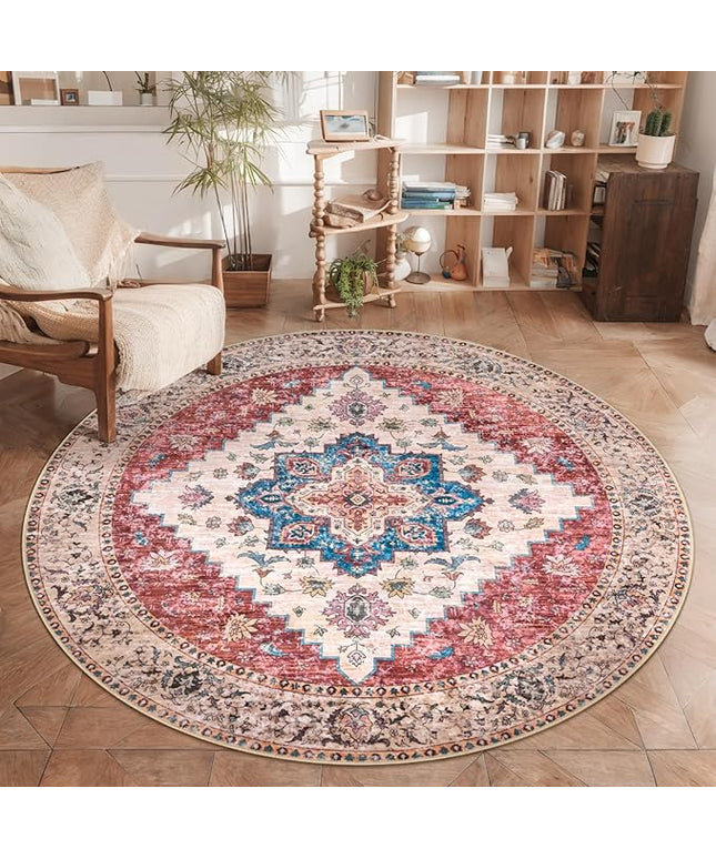 Ciicool Boho 5x5ft Round Area Rug Washable Bedroom Rug Non-Slip Oriental Entryway Throw Rug Low-Pile Indoor Carpet for Dining Room