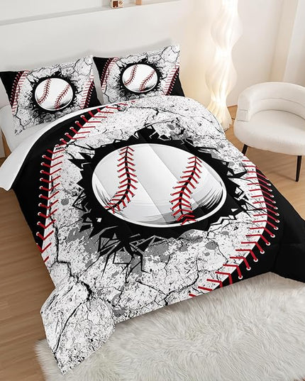 Baseball Comforter Sports Bedding Sets for Boys,Sports Gamer Bedding Set for Kids Girls Boys Room Decor,Black White Baseball Printed Full Bed Comforter Set with 2 Pillowcases.