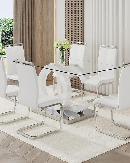 Ebullient Glass Dining Table Set for 6 ，7 Piece Dining Table Set,Tempered Glass Table Top，White Modern Dining Room Table with 6 PU Leather Ergonomic Dining Chairs