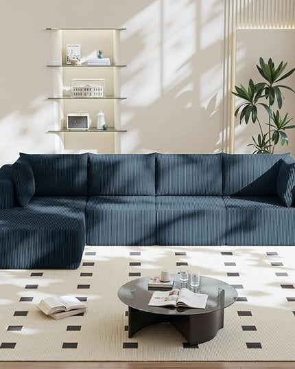 138" Boneless Couches for Living Room, Modular Cloud Couch Sofa - 4 Pieces L Shap Corduroy Sectional Sofa, Fluffy Memory Foam Sleeper Sofa Furniture, No Assembly, Wide Armrest, Navy Blue