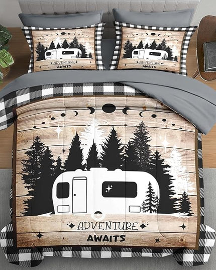 Comforter Set King Size, Camping Camper Rv 7 Pcs Bedding for Kids and Adults, Car Family Bed Sheet Sets with Fitted Sheet 2 Pillowcases & 2 Shams for Bedroom Bed Decor