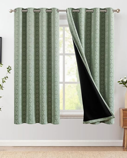 jinchan 95% Blackout Boho Curtains 63 Inch Length for Bedroom White on Sage Green Geometric Printed Grommet Top Room Darkening Thermal Insulated Window Drapes 2 Panels