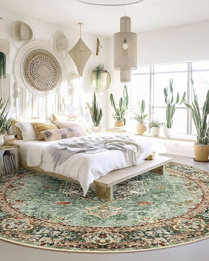 Round Rug 9ft,Large Green Circle Area Rugs for Bedroom Living Room,Washable Boho Vintage Bohemian Distressed Oriental Floral Carpet Non Slip