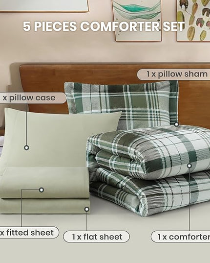 MaiRêve Olive Green Twin XL Comforter Set, Twin XL Bedding Sets for Boys Girls 5 Pieces for Dorm Farmhouse All Season Lightweight &Comfy with Fitted Sheet, Flat Sheet (Olive Green, 66"x90")
