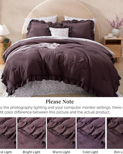 Full Comforter Set - 7 Pieces Ruffle Purple Bedding Sets, Shabby Chic Farmhouse Bed in a Bag Full with Ruffle Comforter, Floral Sheets, Pillowcases & Shams