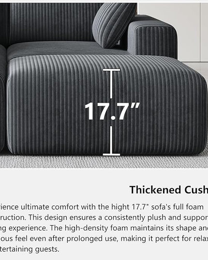 108”Modern Modular L-Shape Couch with Chaise, Modular Sectional Couches for Living Room, Deep Seat Boneless Sofa Bed, No Assembly Required Sleeper Sofa, Plush Corduroy Fabric, Dark Gray