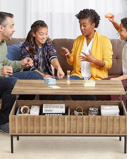 Lift Top Coffee Table with Storage Wooden Coffee Table Wave Stripe Dining Table for Living Room,43in,Teak
