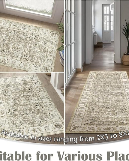 jinchan Fiora Hallway Runner Rug 3x10 Washable Runner - Vintage Floral Non Slip Low-Pile Soft Thin Faux Wool Kitchen Rug Distressed Carpet for Farmhouse Bedroom Laundry Room(3x10ft, Taupe)