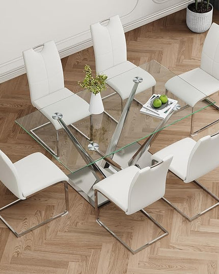 63'' Glass Dining Table for 4 or 6, 0.39" Tempered Glass Tabletop and Silver Stainless Steel Base, Large Dining Room Table for 6, Home Kitchen Table for Dining Room, Modern Dining Table for 6