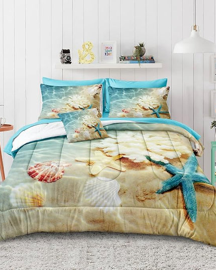 Bedbay Coastal Bedding Set Bed in a Bag Queen Beach Comforter Set 8 Pcs Turquoise Ocean Bed Set Lightweight Summer Comforter Queen Size Quilt Set Beach Room Decor for Teen Girls Women(Ocean,Queen)