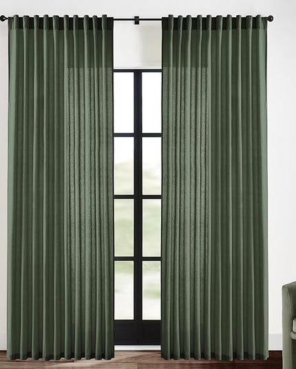 XTMYI Back Tab/Hook Belt Linen Cotton Sheer Curtains for Bedroom Living Room,70 Inch Wide,90 Inch Length 2 Panels,Olive Green