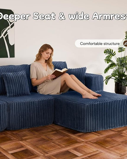 132" U Shaped Boneless Couch, Cloud Sectional Modular Sofa with Double Chaise Lounge, Corduroy Cloud Couch with Pillows & Deep Seat, Boneless Sofa for Living Room, Blue