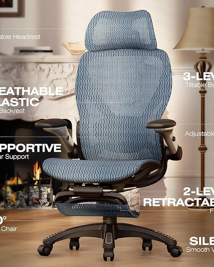 ELABEST X100 Ergonomic Office Chair with Footrest, Big and Tall Home Desk Chair with 5D Flip-Up Arms, Adjustable 3D Lumbar Support,High Back Rolling Computer Chair, Swivel Mesh Chairs (Oaxaca Blue)
