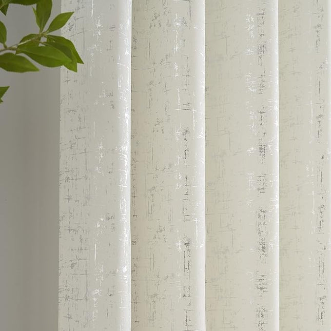 Taisier Home Off White & Silver Geometric Dots Curtains 45" - Decorative Small Window Panels, Set of 2 Silver Foil Print Linen Textured Drapes for Kitchen Bathroom Nursery