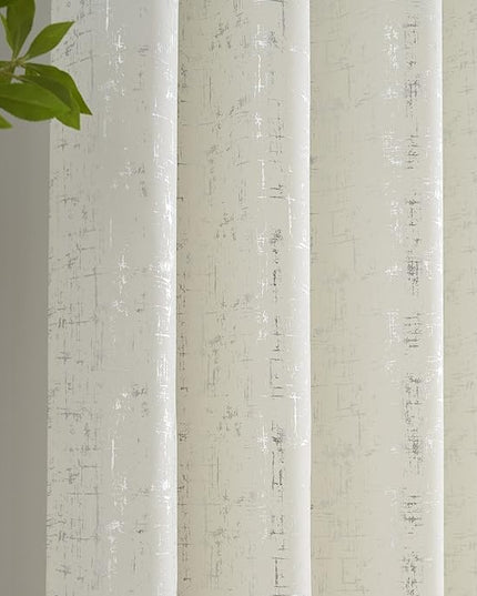 Taisier Home Off White & Silver Geometric Dots Curtains 108" - Extra Long Light Filtering Drapes, Unique Design Set of 2 Silver Foil Print Linen Panels for Bedroom Living Room