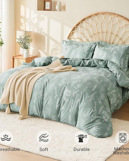 MUXHOMO Cal King Comforter Set, Sage Green Elegant Floral Print Bed in a Bag 7 Pieces, Ultra Soft & Breathable Reversible Botanical Pattern Bedding Set with Comforter, Sheets, Pillowcases, and Shams