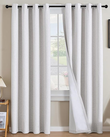 H.VERSAILTEX Linen Curtains 100% Blackout Curtains for Bedroom 108 inch Long Full Light Blocking Nature Linen Blended Window Curtains for Living Room Nickel Grommet (2 Panels, Heathered White)